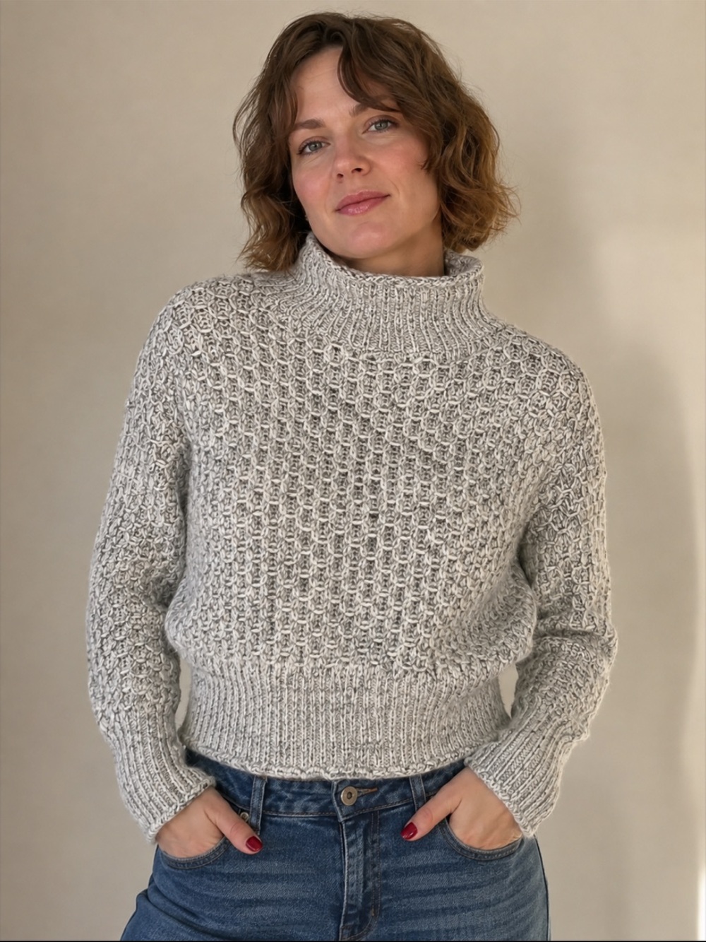Kut from the Kloth Cozy Light Gray Honeycomb Knit Mock Neck Sweater